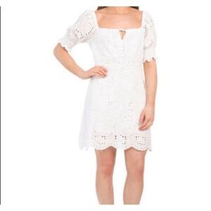 7 for All Mankind White Square Neck Puff Sleeve Eyelet Dress Size Large